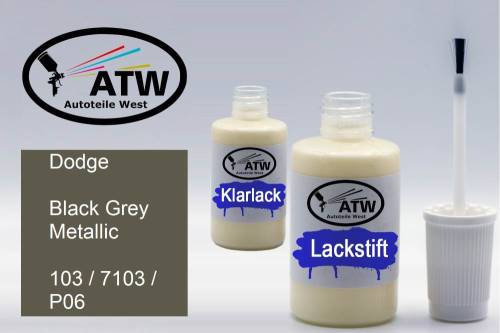 Dodge, Black Grey Metallic, 103 / 7103 / P06: 20ml Lackstift + 20ml Klarlack - Set, von ATW Autoteile West.